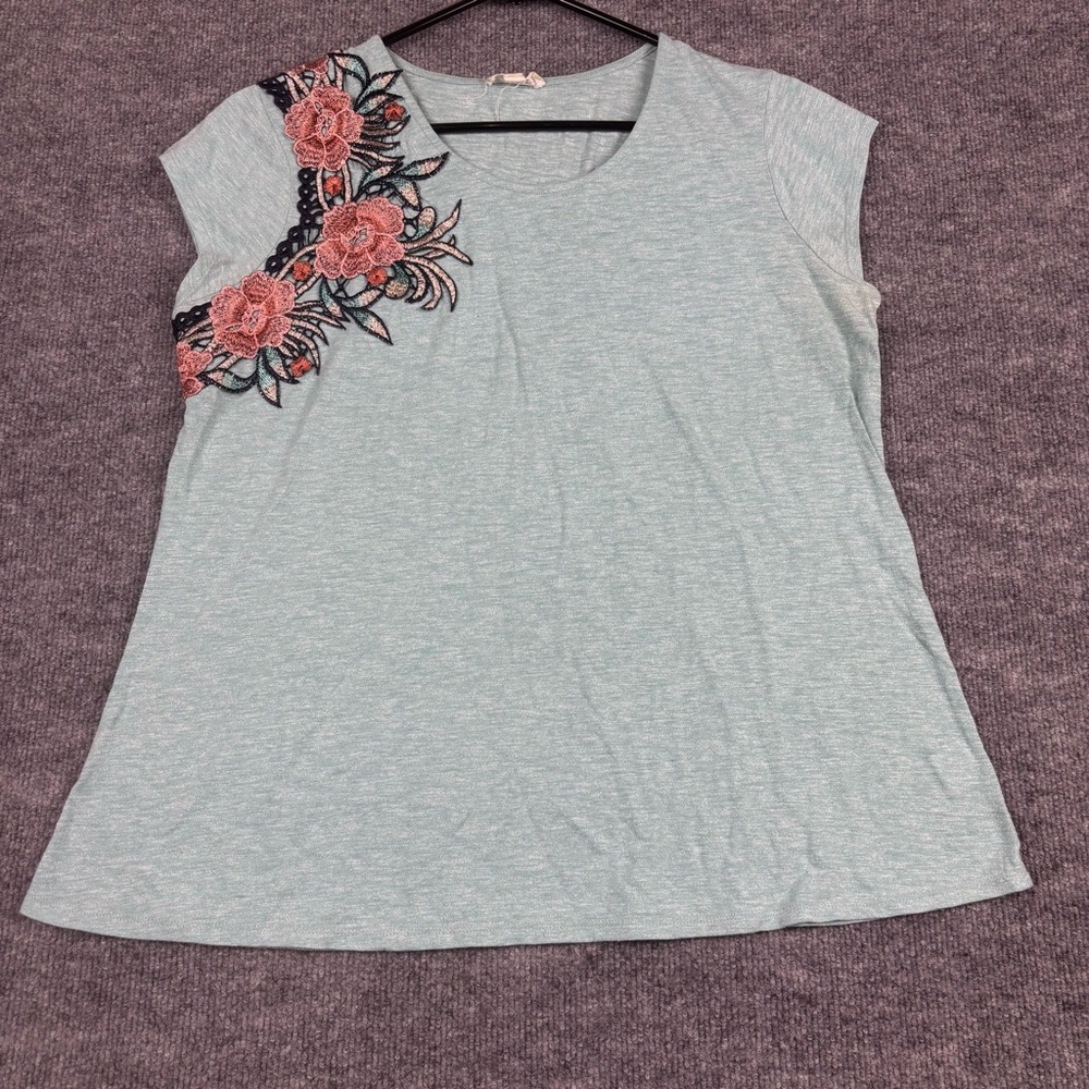 Mint Green Embroidered Floral Top XL Cottagecore Style
